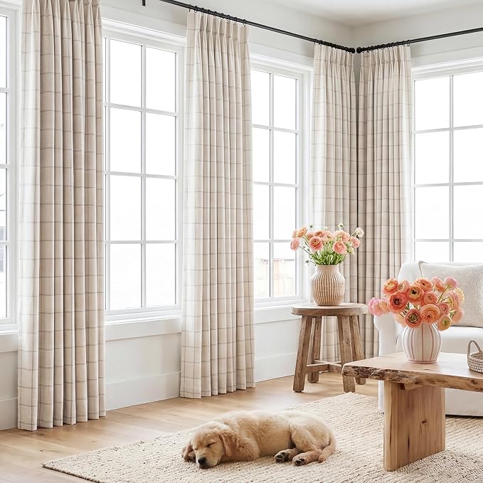THREE GIRLS Pinch Pleated Plaid Curtains Blackout Linen Gingham Curtains for Living Room,Bedroom Checkered 100 Inches Long Double Layer 2 Panels Set Luxury and Modern Printed Design Darkening