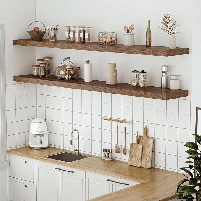 Vivelove 12 Inch Deep Floating Shelves 72 inch Long, 72 x 12 Wide Wall Shelves with Invisible Brackets, for Bedroom Bathroom Living Room Kitchen Office, Farmhouse Home Decor, Set of 1, Walnut
