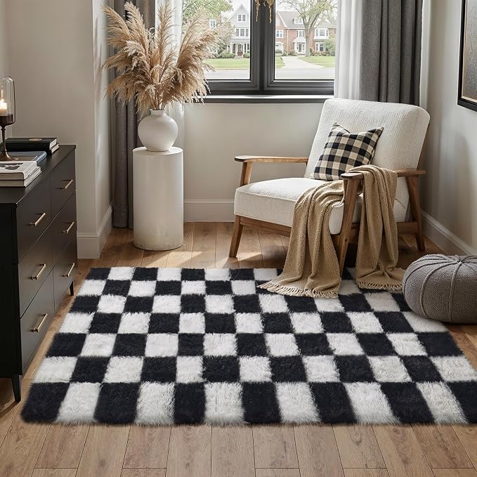 PureCozy Checkered Rug 4x6 for Living Room, Black and White Modern Shag Rug Super Soft Washable Fluffy Rugs Indoor Office Fuzzy Carpet for Bedroom Home Dorm Aesthetic Decor