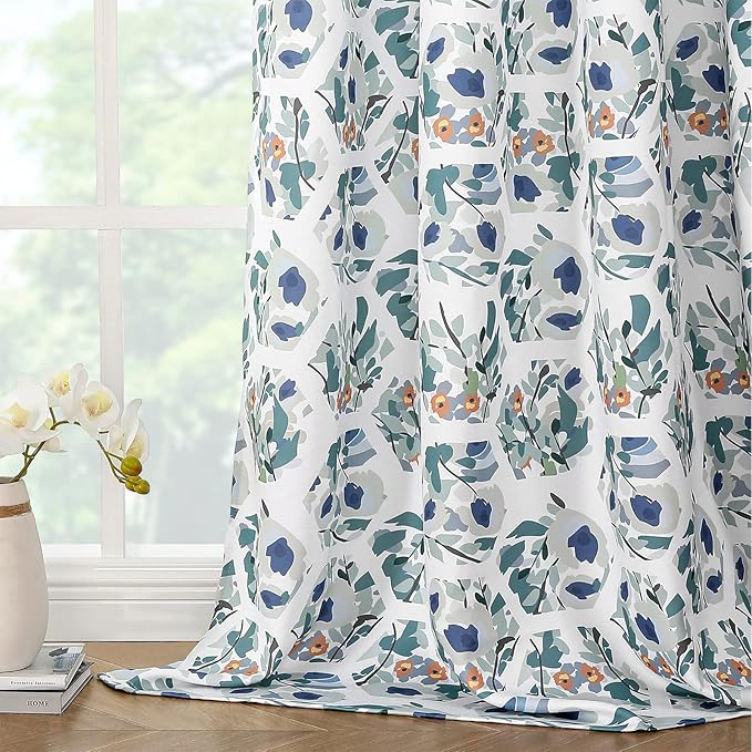 Joydeco Green Floral Curtains 84 Inches Long for Bedroom 2 Panels, Room Darkening Boho Curtains Patterned Panels for Living Room with Grommet, 80% Blackout Botanical Printed Drapes(Hexagon Green-84)