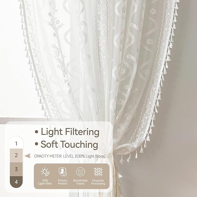 WAZZIO Boho Lace Curtains 2 Panels 72 Inches -Cute Vintage Victorian Sheer Panel Drape French Country Floral Pattern & Tassel Light Filtering Privacy for Bedroom Dining Living Room,White,W52x L72