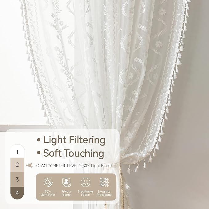 WAZZIO White Boho Lace Curtains 96 Inch -Cute Vintage Victorian Sheer Panel Drape French Country Floral Pattern & Tassel Light Filtering Privacy for Bedroom Dining Living Room,2 Panels,W52 x 96L