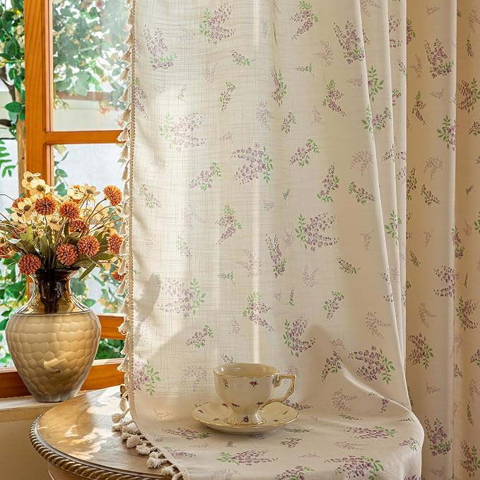 OYX Purple Floral Curtains 84 Inch Length Linen Farmhouse Curtain Rod Pocket Drapes for Living Room Bedroom Light Filtering Vintage Curtains, 2 Panels