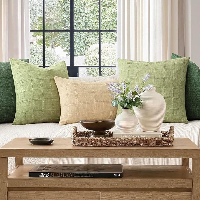 Foindtower Set of 2 Decorative Linen Check Throw Pillow Covers Neutral Farmhouse Vintage Cushion Covers Modern Boho Accent Home Decor for Sofa Chair Couch Bedroom Living Room,24×24 Inch,Light Green