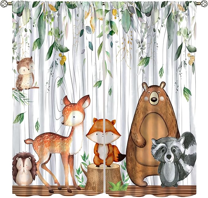 YCness Forest Animal Curtains, Watercolor Wild Animal Bear Fox Deer Kids Window Treatments for Living Room Bedroom,Green Woodland Tree Kids Drapes 2 Panel Sets,42x45 Inch, Style-2