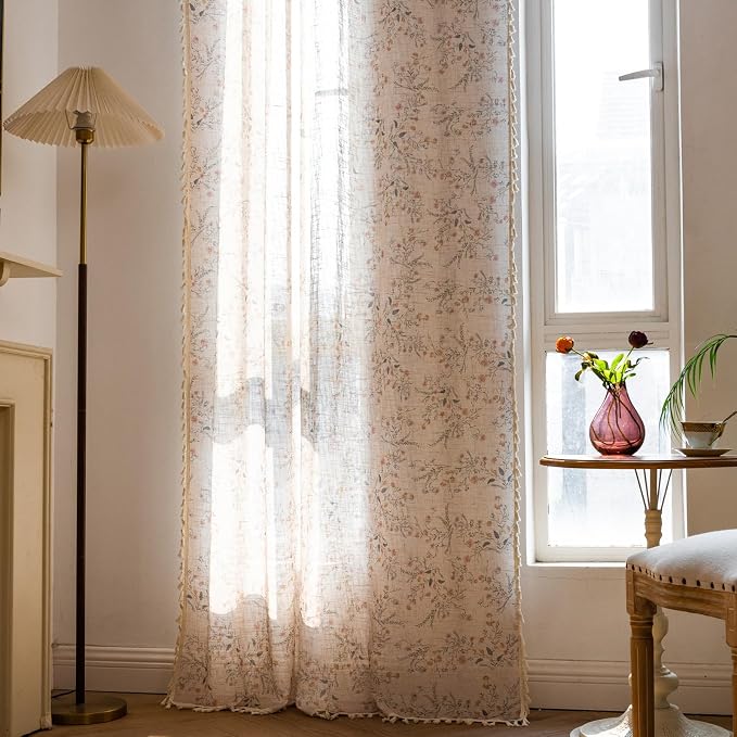 OYX Boho Floral Curtains 63 Inch, Farmhouse Wildflower Drapes with Tassels, Linen Textured Light Filtering Semi Sheer Curtains for Living Room Bedroom, 2 Panels, Rod Pocket, 52Wx63L
