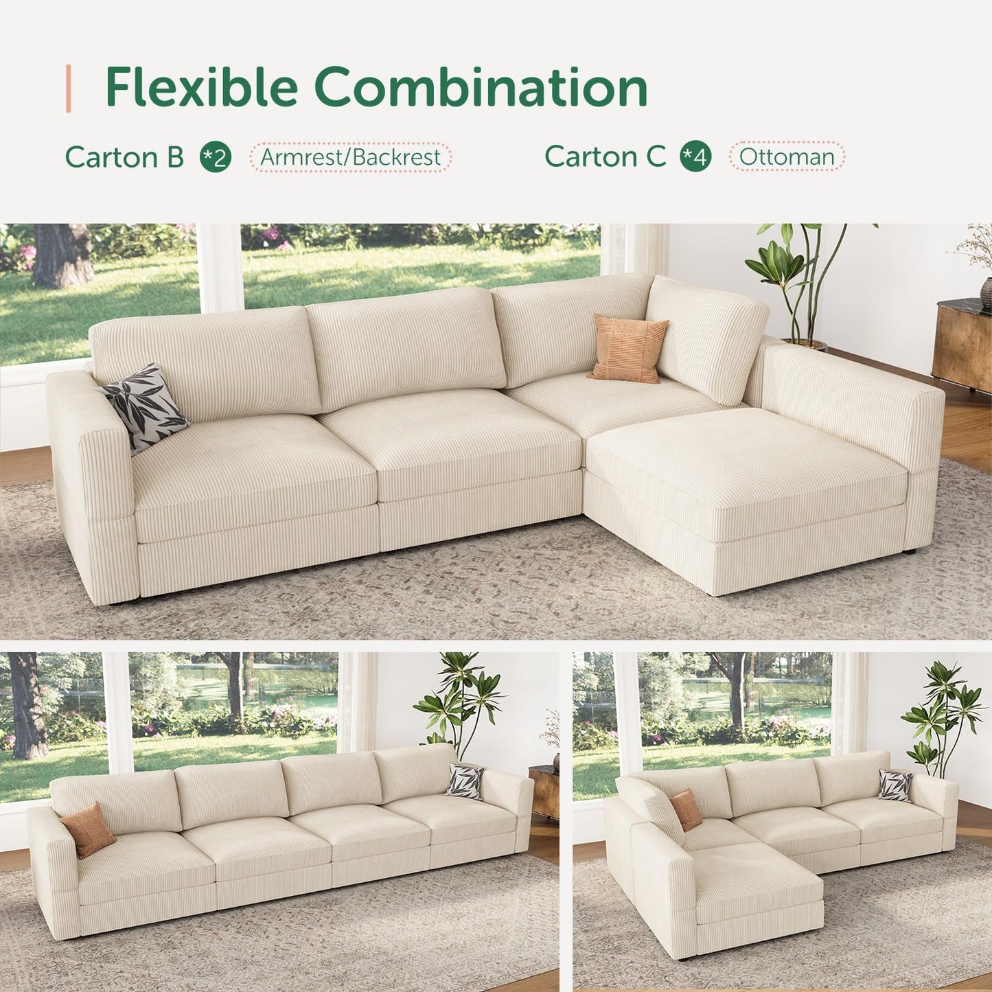 HONBAY Modular Sectional Couches with Storage Corduroy Sleeper Sofa Modular Sectional Couches for Living Room,Beige