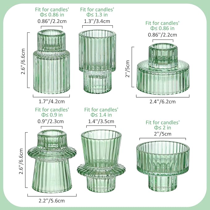 Vintage Ribbed Green Glass Candle Holders Set of 12, 3 Assorted Sizes for Pillar, Tealight & Votive Holders, Elegant Glass Candlestick Holders for Table Centerpiece Wedding Christmas Decor