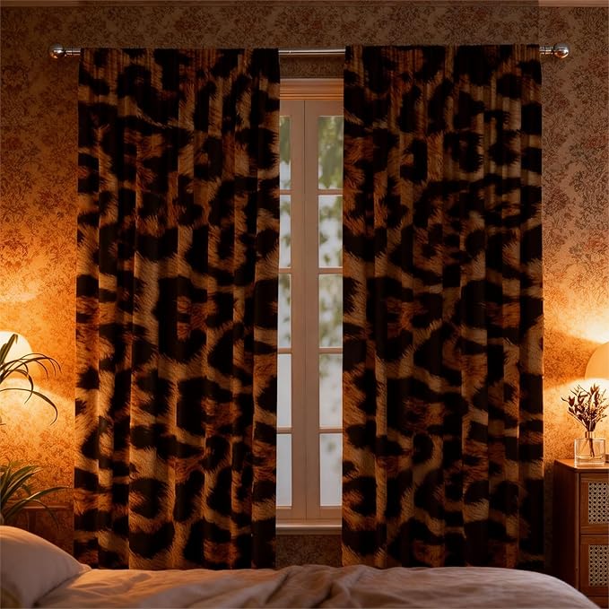 Leopard Print Curtains 29WX63H for Living Room Bedroom Cheetah Print Leopard Decor Brown for Bedroom Window Drapes Treatment Fabric 2 Panels