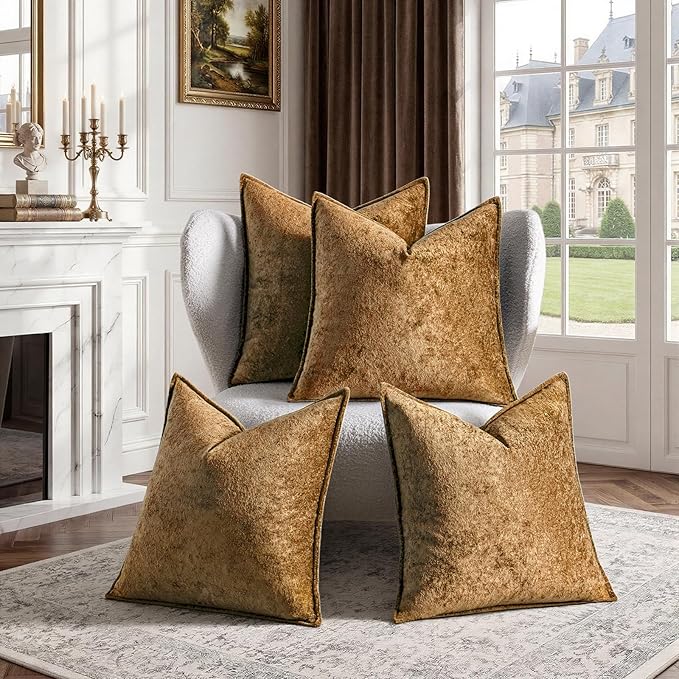 a moment Throw Pillow Covers 16X16 Inch 4 Packs,Soft Velvet Decorative Pillow Cases with 3D Ice Flower,Texture Modern Accent Cushion Covers for Sofa Couch Home Decor Golden Brown