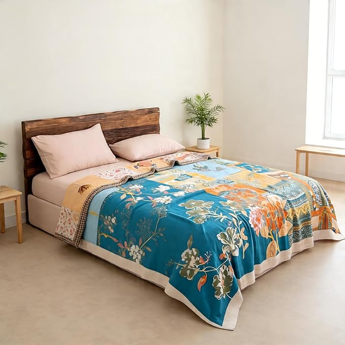 Ownkoti Throw Blanket for Bed, 90"x 90" Quilted Cotton Blanket Reversible Cover for Sofa Chair (Puzzle)