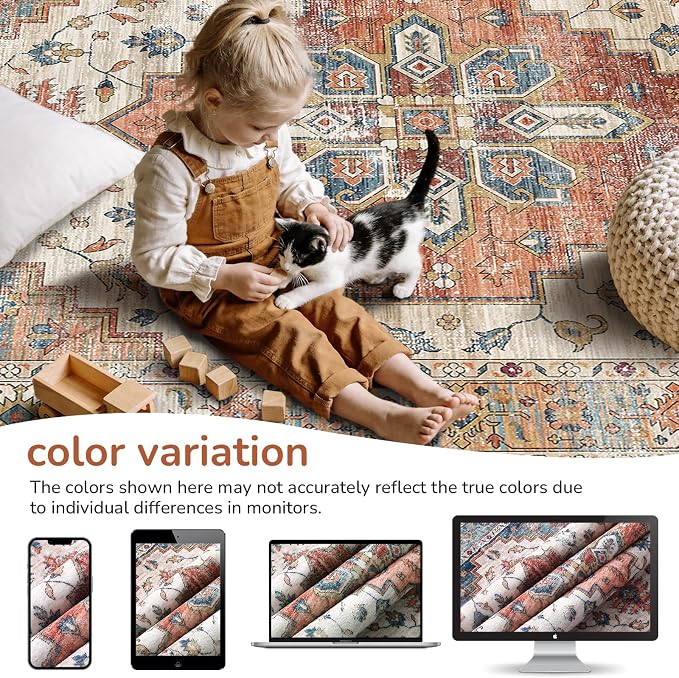 OPPODREAM Living Room Area Rugs, Faux Cashmere Low-Pile Carpet Rug with Non Slip Backing, Printed Decorative, Orange, 5' x 7'(Rectangular)