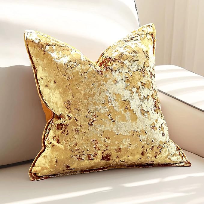 Velvet Pillow Cover Gold 18x18 Inch - Luxury Crushed Velvet Decorative Throw Pillow Case for Living Room Sofa Bed (1 Pack)
