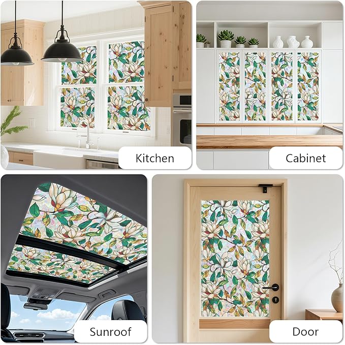 Kromapolis Window Privacy Film, Stained Glass Sticker Floral Window Clings, Decorative Static Clings UV Blocking Colorful Decals, Removable Vinyl Covering White Magnolia Flowers, 17.5'' x 78.7''
