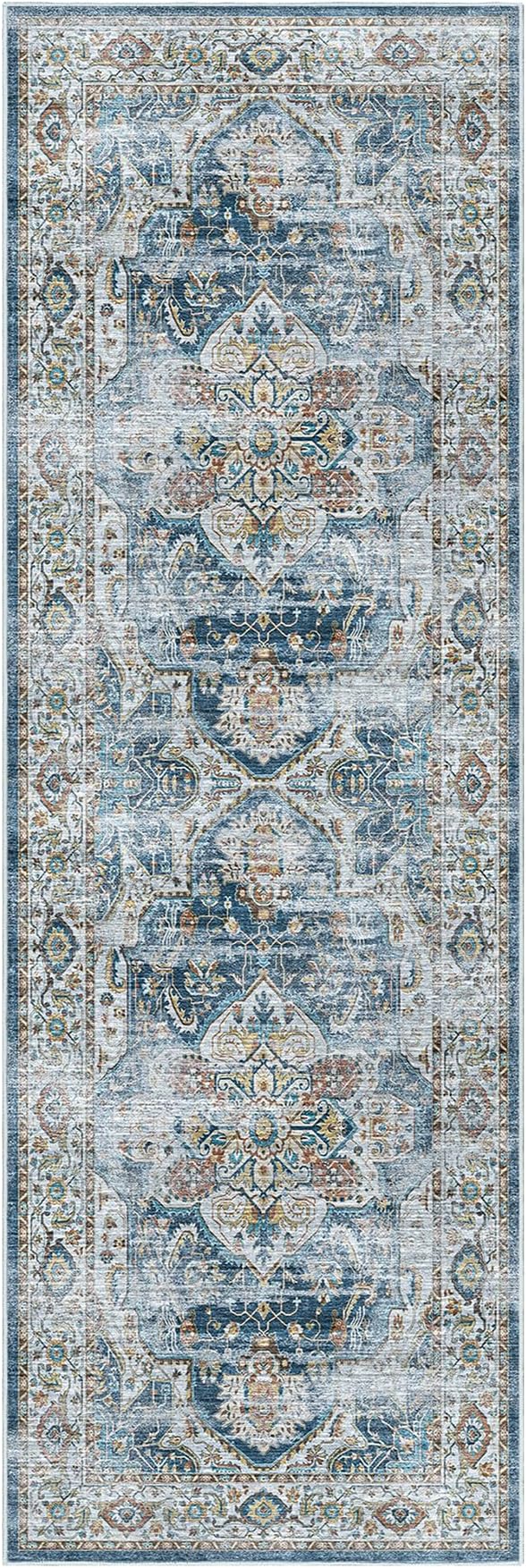 Madane Kitchen Runner 2'6''x8' Soft Rug Runners for Hallways, Navy | Vintage Machine Washable Printed Rugs 2.5x8 Ft, Non-Slip Low Pile Stain-Resistant 8ft Floor Carpet for Laundry Room, Corridor