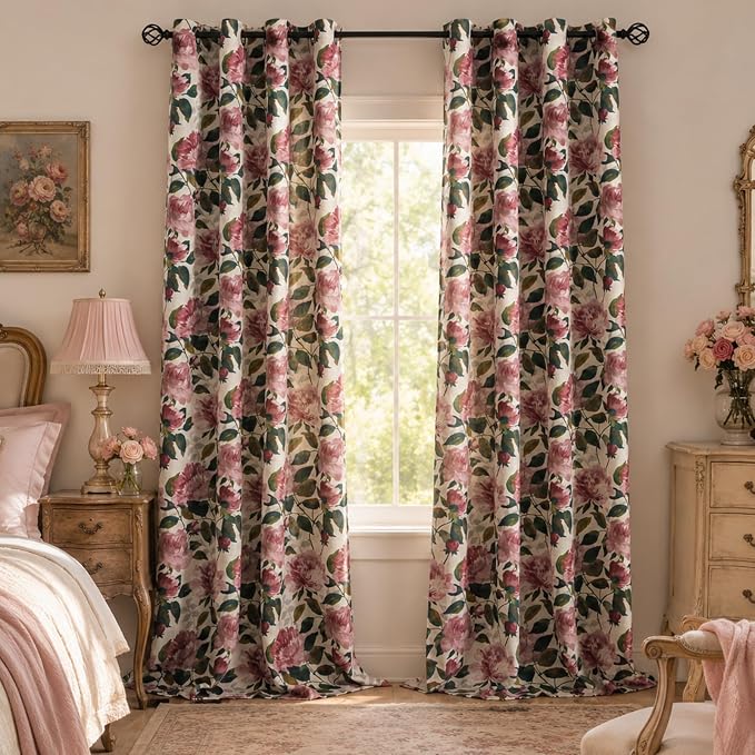 ALIGOGO Pink Floral Curtains 96 Inches Long Vintage Linen Curtains for Living Room Cottage Core Light Filtering Counrty Farmhouse Aesthetic Decor Grommet 2 Panels 50" W x 96" L, Pink
