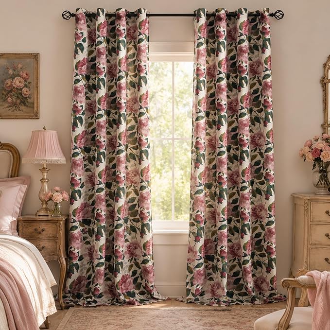 ALIGOGO Pink Vintage Floral Curtains for Living Room 84 Inch Length, French Country Peony Linen Patterned Curtains, Farmhouse Botanical Drapes Semi Blackout Window Curtain Panels, 1 Pair W50 x L84