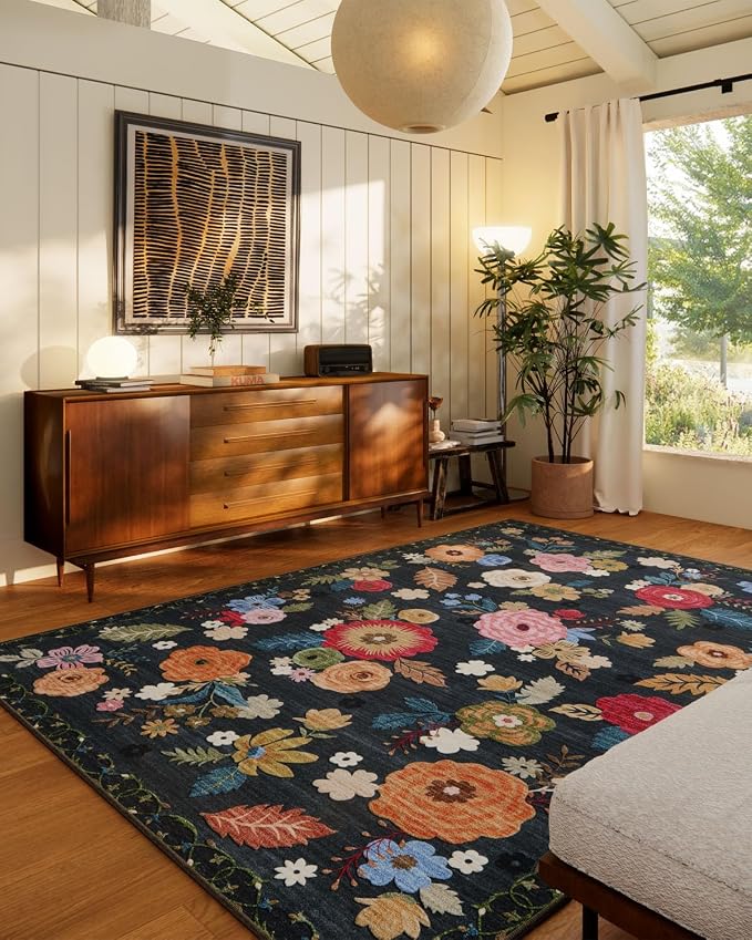 5x7 Area Rugs for Living Room: Machine Washable Rug for Bedroom Non Slip Low Pile Soft Faux Wool Non Shedding Distressed Vintage Floral Carpet for Dining Room Kitchen Nursery Farmhouse Entryway Indoor
