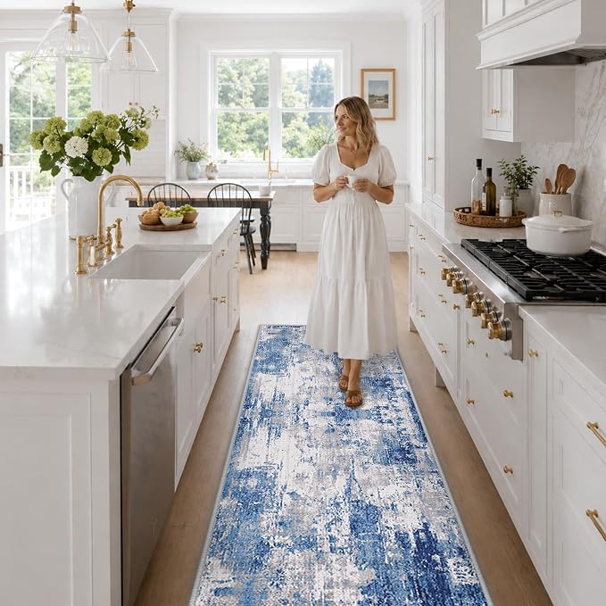 RELEANY Washable Area Rugs 2'x6' Non-Slip Modern Abstract Soft for Living Room Entryway Bedroom Kitchen, Print Pattern, Blue Grey Navy Gray