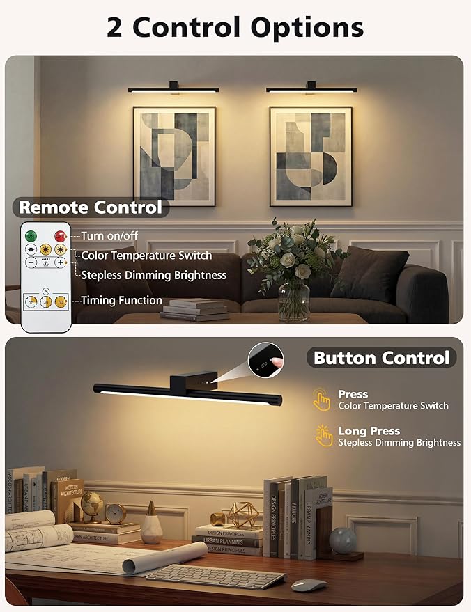 VOLISUN 15.7'' Picture Lights for Wall, 4000mAh Rechargable Picture Light Battery Operated, 3 Color Temperatures & Stepless Dimmable, 145LM Art Light for Paintings, Gallery, Portrait, 2 Pack (Black)