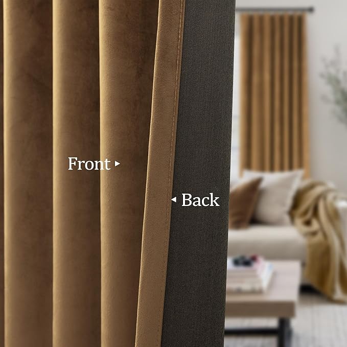 Gold Brown Velvet Curtains 102 Inches Long 2 Panels for Dining Room Darkening Floor Length Heat Blocking Decorative Drapes Cozy Luxury Bedroom Curtains for Door French Country Retro Cottage Core Decor