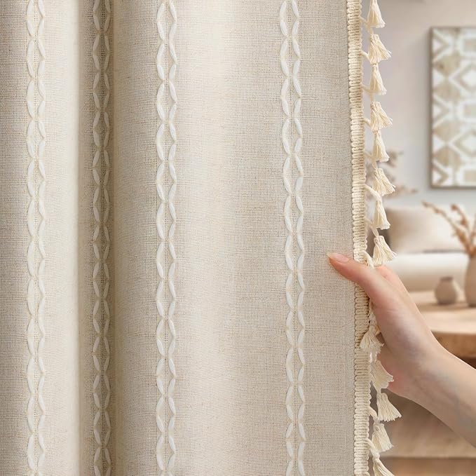 Boho Blackout Curtains 96 Inches Long Beige Linen Blend 2 Panels with Tassels and Cotton Embroidery, Farmhouse Vintage Rustic Rod Pocket Drapes for Living Room or Bedroom