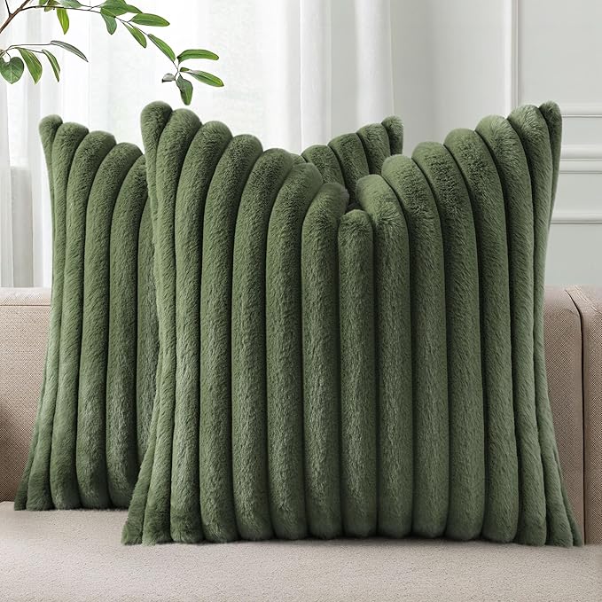 Pallene Faux Fur Plush Throw Pillow Covers 16x16 Set of 2, Luxury Soft Fluffy Striped Decorative Pillow Covers for Sofa, Couch, Living Room, Olive Green