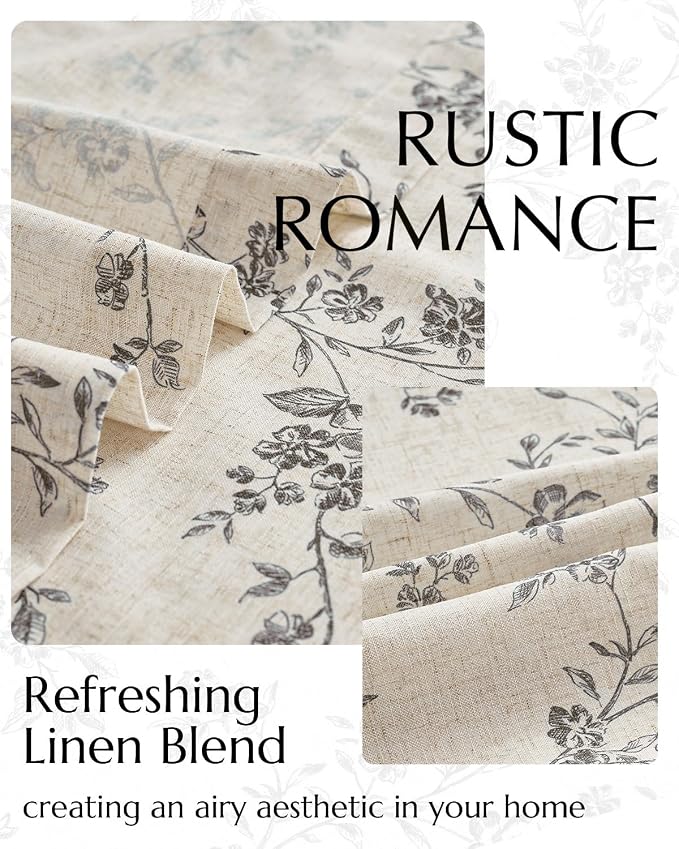 jinchan Black Floral Linen Curtains 96 Inch Farmhouse Back Tab 2 Panels | Flower patterned drapes, french country, printed, privacy, light filtering, bedroom, living room, dining room, home decor