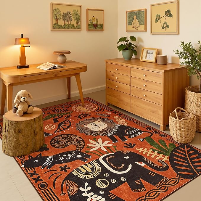 jinchan 5x7 Cute Area Rug Kids Washable Fun Rug Terracotta Boho Jungle Indoor Floor Cover Non Slip Safari Lightweight Soft Cozy Carpet for Nursery Playroom Daycare Bedroom Living Room