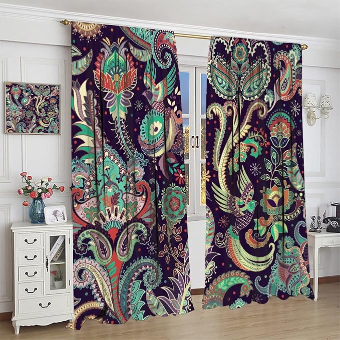 Boho Curtains, Traditional Geometric Ethnic Style Beautiful Floral Pattern, Blackout Curtains Living Room Bedroom Dim Room, 2 Panel Set, 63x63 in.