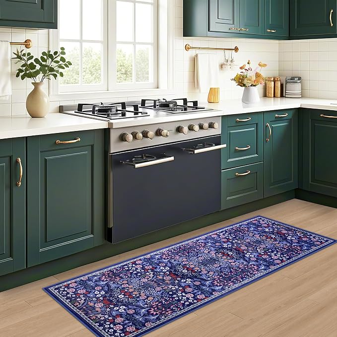 Runner Rug for Entryway: 2.6x8 Kitchen Rugs Non Slip Washable Ultra-Thin Soft Floral Carpet Indoor Floor Stain Resistant Carpets for Hallway Bedroom Kitchen Laundry Bathroom Dorm Blue