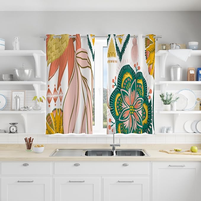 Tyrot Boho Floral 100% Blackout Curtains 45 Inch Long 2 Panels Mid Century Modern Botanical Grommet Thermal Insulated Room Darkening Black Out Window Drapes for Kitchen, 52Wx45L