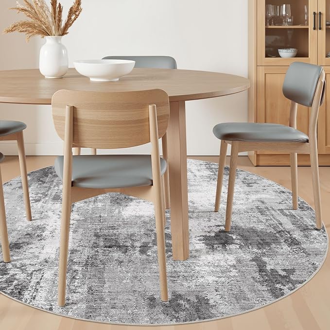 Abstract 6FT Round Rug: Machine Washable Non Slip Ultra Thin Low-Pile Carpet, Soft Stain Resistant for Living Room Bedroom Nursery, Kid Pet Friendly, Robot Vacuum Compatible - Grey