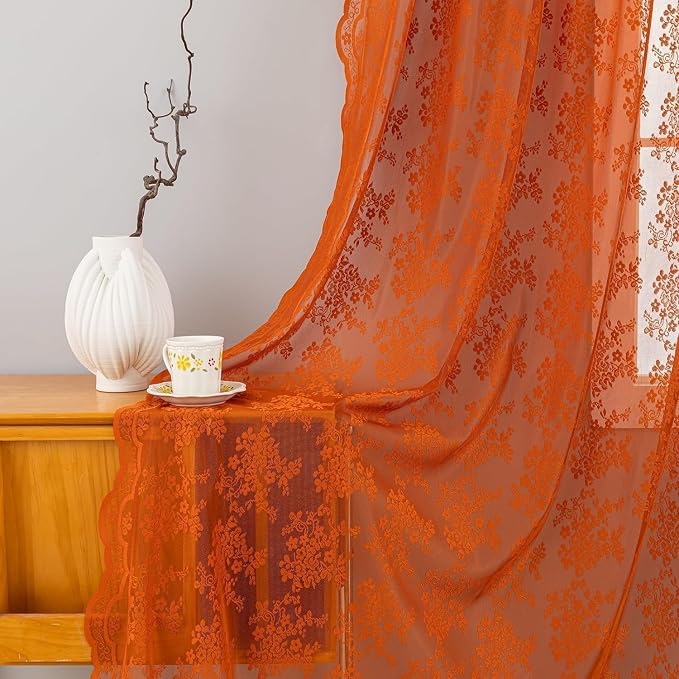 YJ YANJUN Lace Curtains 80 Inches Long, Burnt Orange Sheer Curtain Panels | Rustic Bohemian Floral Pattern, Light Filtering, Boho Autumn Fall Decor for Living Room Bedroom Closet, 2 Panels 52W x 80L