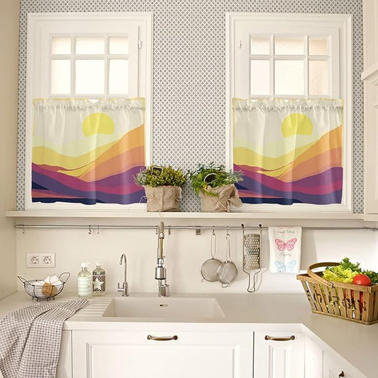 Kitchen Tier Curtains 24 inches Long, Sunset Mountain Yellow Beautiful Abstract Painting Window Curtains for Living Room Bath,Rod Pocket Light Filter Drapes Short Half Window Treatment Tiers 2 Panels