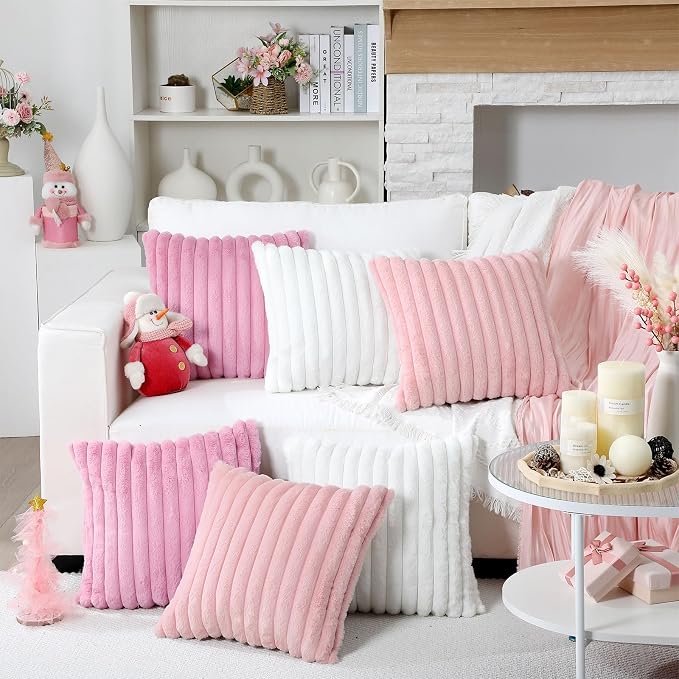 Mixweer 6 Pcs Faux Fur Plush Throw Pillow Covers 18x18 Inch Soft Decorative Striped Pillow Covers with Velvet Back for Coquette Party Sofa Home Wedding Classroom Decor, Pink, Light Pink, White
