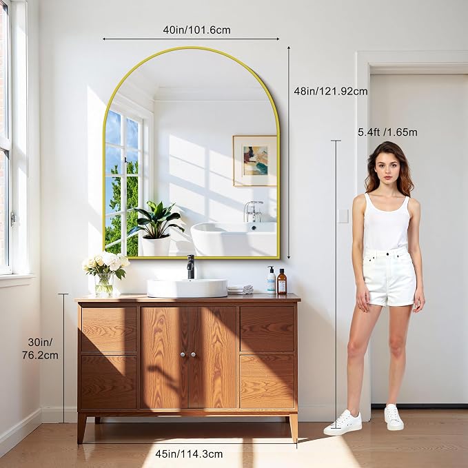 CIRCUMI Arched Wall Mirror, 40"x48" Gold Arched Mirror with Tempered Glass, Metal Frame, Large Size for Entryway Table, Mantel,Living Room,Over Sink,Arch Mirror for Decor,Shatterproof&Crystal-Clear
