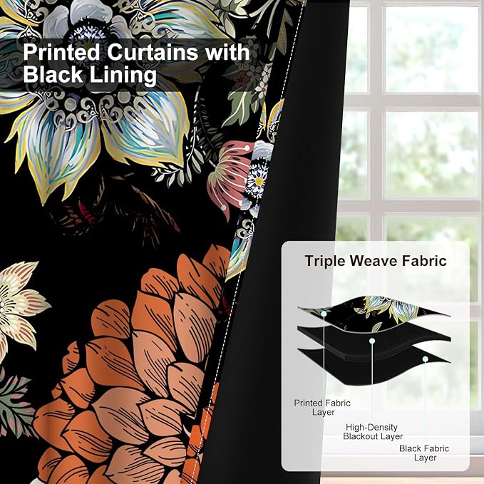 Boho Blackout Curtains for Bedroom, Black Out Window Bedroom Curtains 84 Inch Length 2 Panels Set, Floral Thermal Insulated Room Darkening Blackout Curtains for Living Room with Two Curtain Tiebacks
