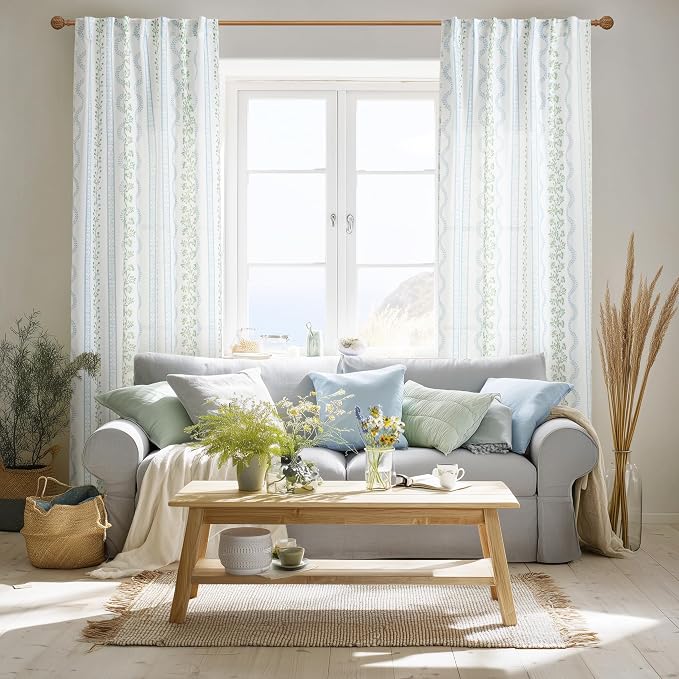 102 Inch Long Blue and Green Floral Curtains for Living Room, Semi Sheer Floor to Ceiling Drapes, Cottage Core Linen Pattern Printed Drapes