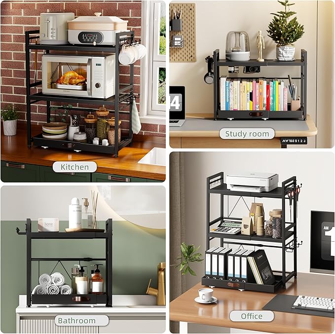 NETEL Expandable Microwave Stand with Storage,2 Tier Kitchen Countertop Organizer Shelves with 8 Hooks,Microwave Shelf with Pull Out Storage Tray and Cup Holders,55lbs Weight Capacity,Black