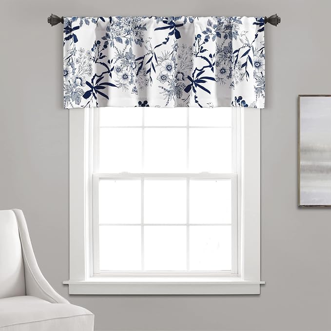 Lush Decor Botanical Garden Curtains Floral Bird Print Light Filtering Window Valance Drapes for Living, Dining, Bedroom, Navy, 52"W x 18L"
