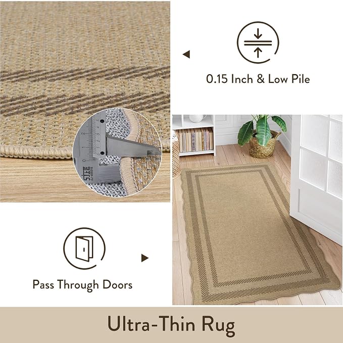 LIVEBOX Scalloped Washable 5x7 Rug, Easy Jute Tan Rugs for Living Room, Indoor Geometric Rug for Bedroom, Outdoor Farmhouse Non-Slip Rug Dining Room Mat Modern Carpet Area Rug for Patio Home Office