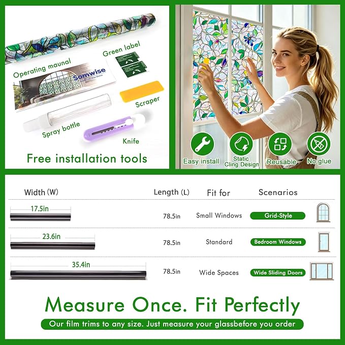 SOMWISE Rainbow Window Privacy Film,Heat Control,UV Blocking,Anti-Glare,Day & Night Privacy Protection & Decoration for Home, Bathroom,Glass Door,Static Cling,Renter-Friendly with Installation Tools
