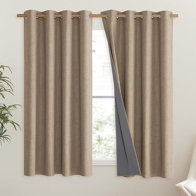 NICETOWN Burlap Vintage Open Linen Weave Flax Thermal Curtains, 100% Blackout Curtains 48" Long for Dining Room, Soundproof Window Treatment Drapes for Hall Room, 52" Wide Per Panel, Set of 2