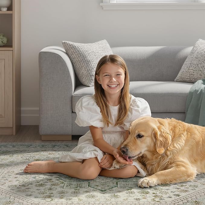 DCX Green 6x9 Area Rug, Machine Washable Non Slip Stain Resistant Vintage Rug for Living Room, Bedroom, Playroom, Soft Low Pile Large Nursery Carpet