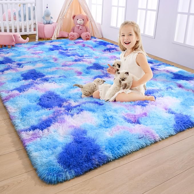 AROGAN Soft Rainbow Area Rugs for Girls Room 4x6 Feet, Fluffy Cute Colorful Princess Carpet for Kids Teens Nursery Toddler Dorm Bedroom Classroom, Blue and Purple