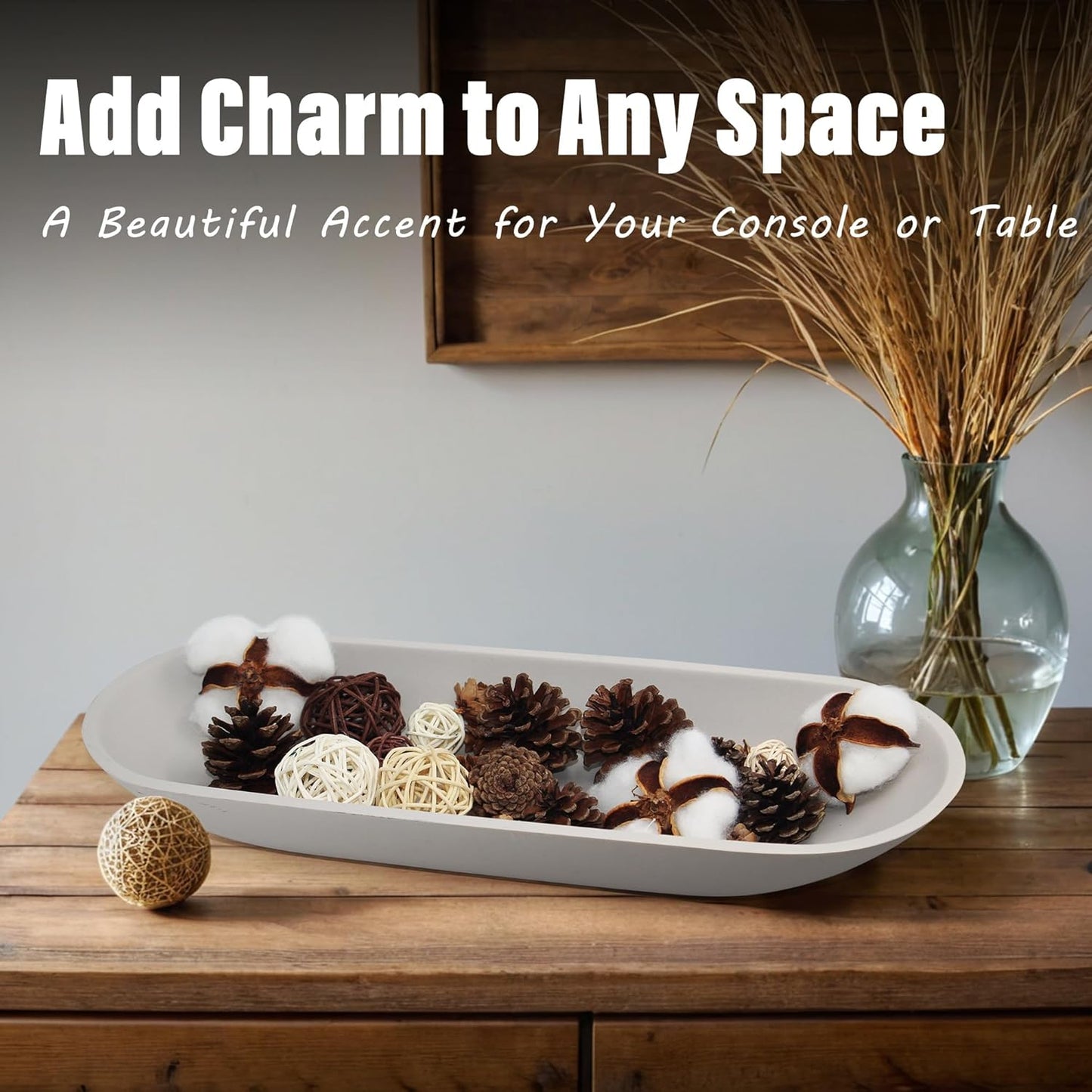 Large Decorative Bowl for Home Decor - Long Dough Bowls with Anti Slip Base for Table Centerpieces - Grey Minimalist Design Dough Decor Bowl for Coffee Table, Dining Table Centerpiece