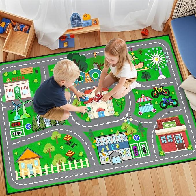 Car Rug Play Mat 4.5x6 Feet - Green Road Rug for Kids Boys Room, Fun Race Track Traffic Road Carpet for Boys Playmat Educational Learn, Car Carpet for Kids Room Decor Playmat Bedroom Playroom
