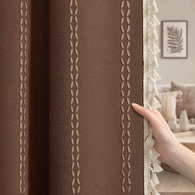 Brown Boho Blackout Curtains 2 Panels 84 Inch for Living Room Bedroom, Linen Texture Farmhouse Curtains with Tassels and White Cotton Embroidery Vintage