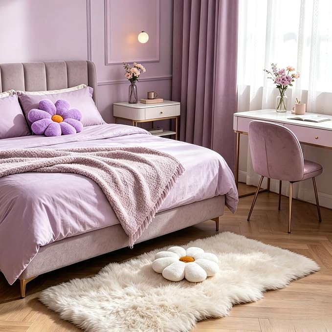 2pcs Flower Throw Pillows Set, Cute Purple White Room Decor Aesthetic Daisy Shaped Pillow for Girls Bedroom Bed Sofa Couch Chair Decor (Purple & White)